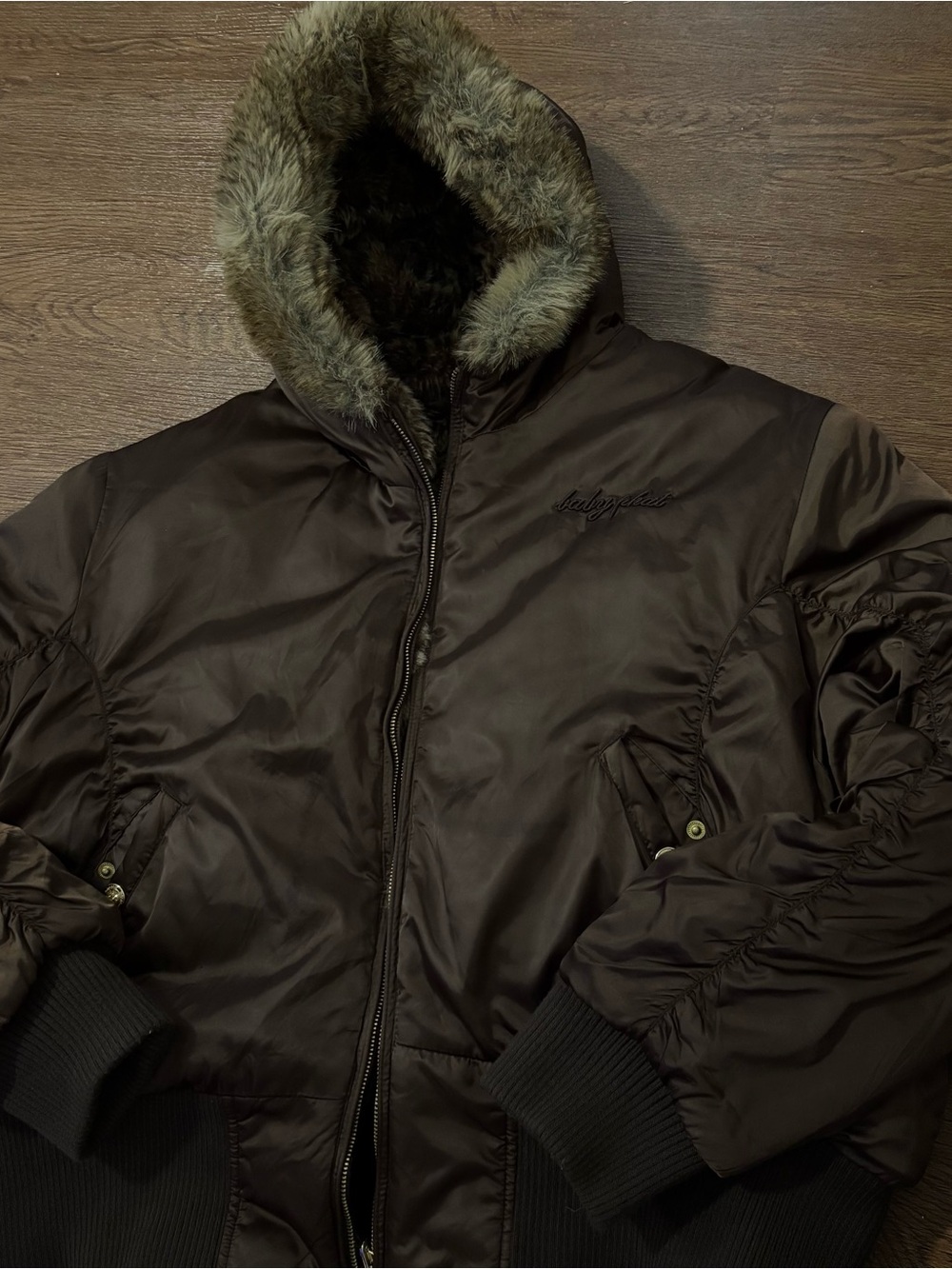Baby Phat Brown Faux-Fur Hooded Bomber/Puffer Jacket